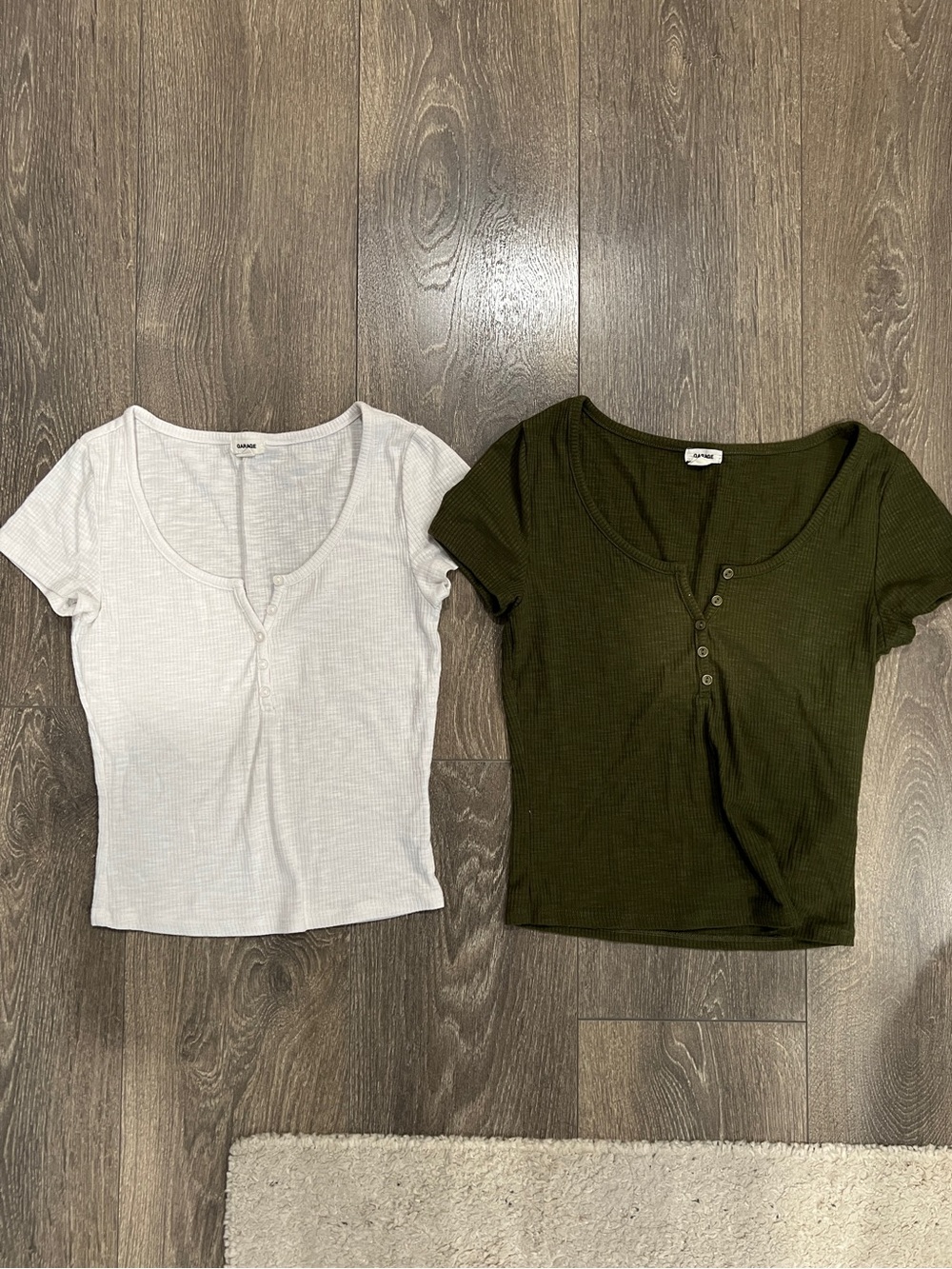 Garage ribbed half button up short sleeve tops - white and army green (set of 2)